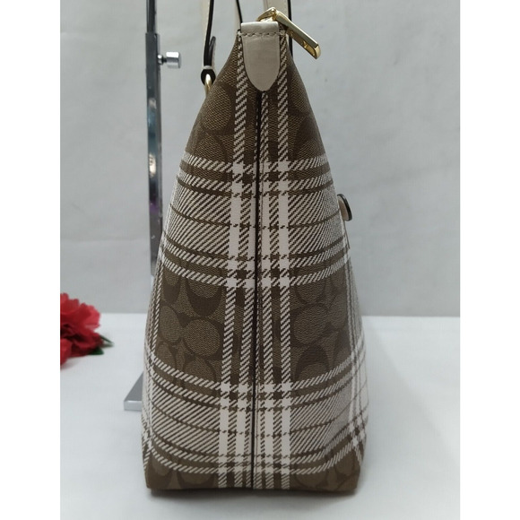 Coach Gallery Tote Bag In Signature Canvas With Hunting Fishing Plaid Print - Picture 5 of 16